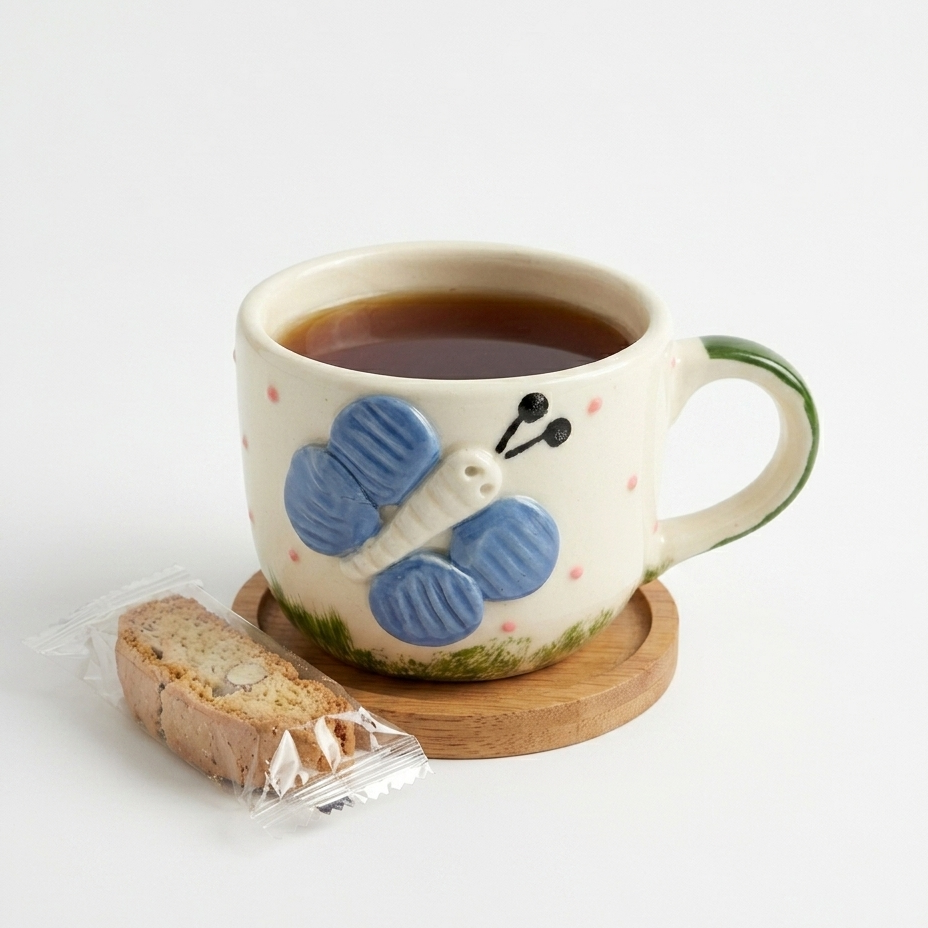 Cute 3D Butterfly Ceramic Coffee Mug with Pink Polka Dots (250 ml)