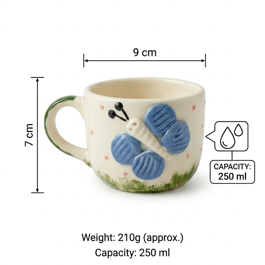 Cute 3D Butterfly Ceramic Coffee Mug with Pink Polka Dots (250 ml)