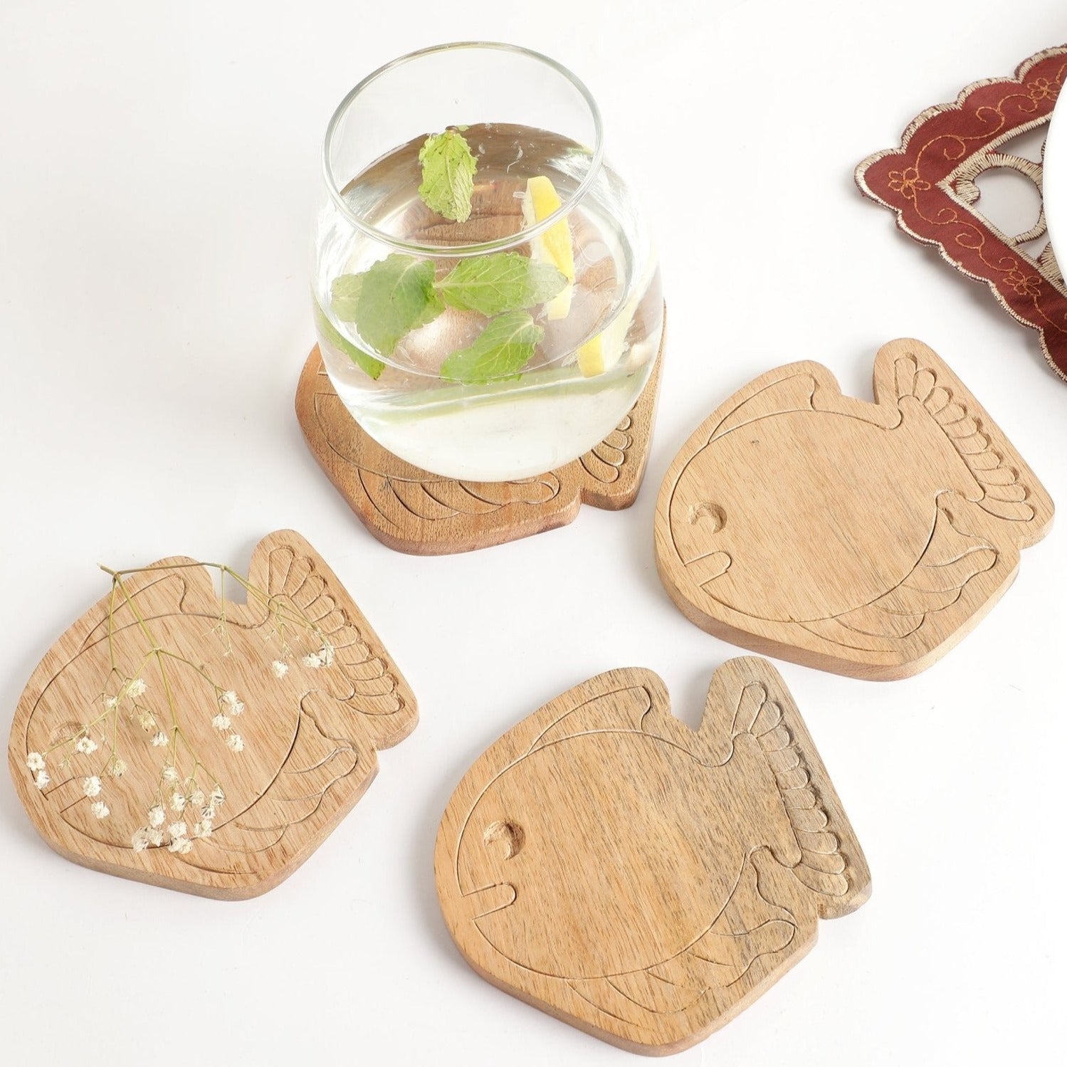 Fish Engraved Wooden Coasters Set of 4 - Nurture India