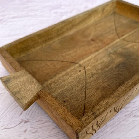 Fish Engraved Wooden Tray with Handles - Coastal Bohemian Serving Tray - Nurture India