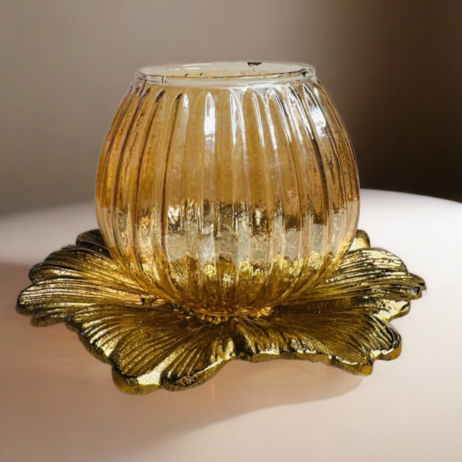 Glass Lamp with Metal Flower Platter - Nurture India