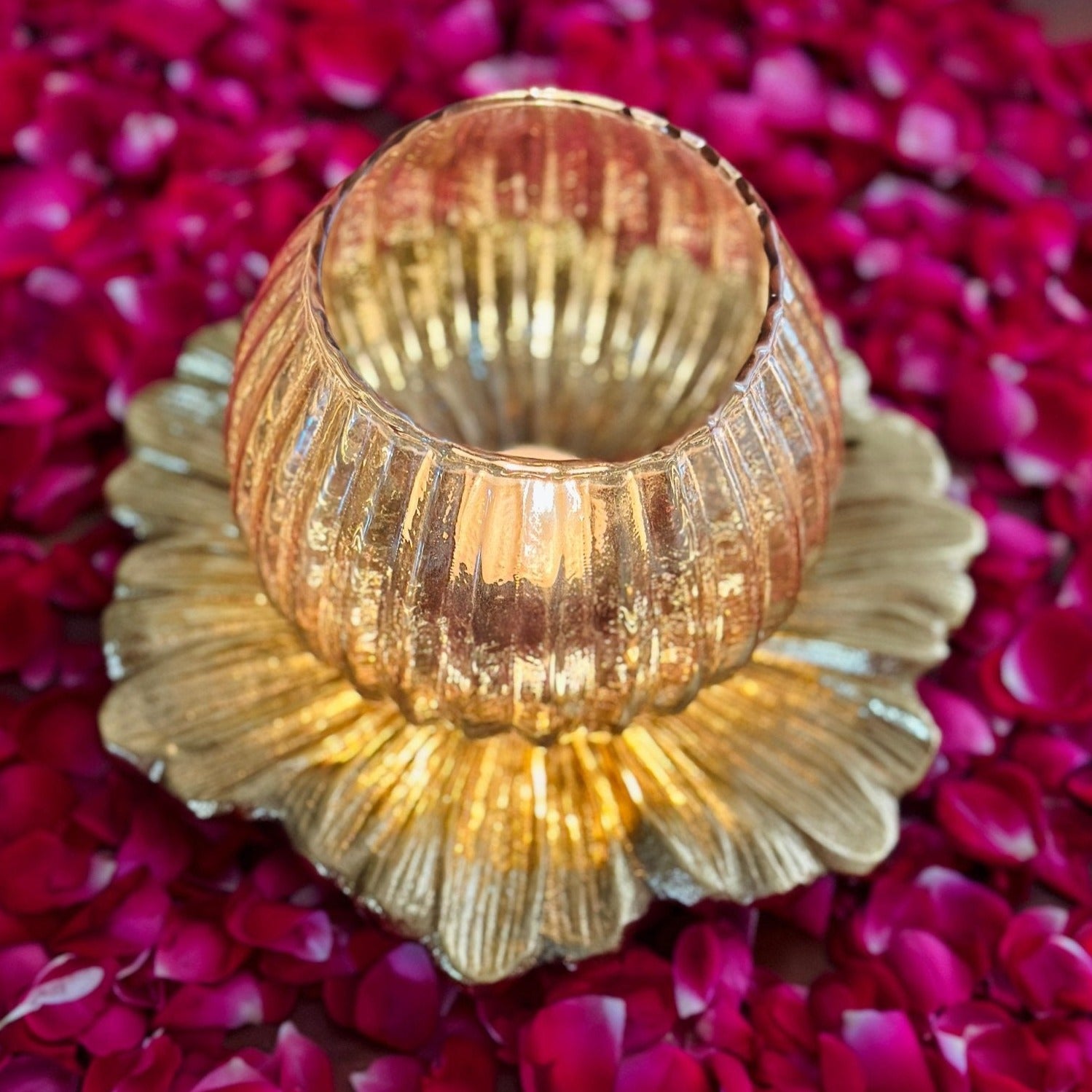 Glass Lamp with Metal Flower Platter - Nurture India