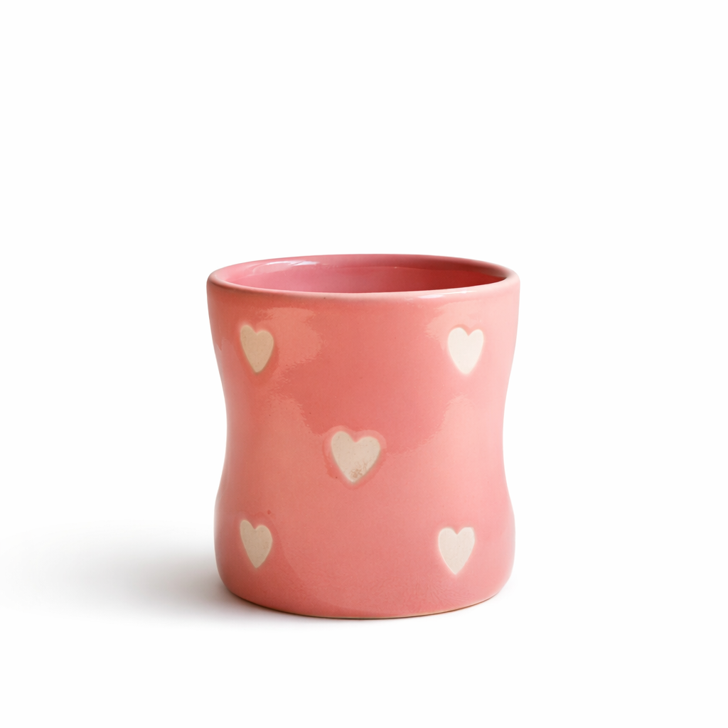 Glossy Pink Handmade Ceramic Coffee Tumbler with Hearts