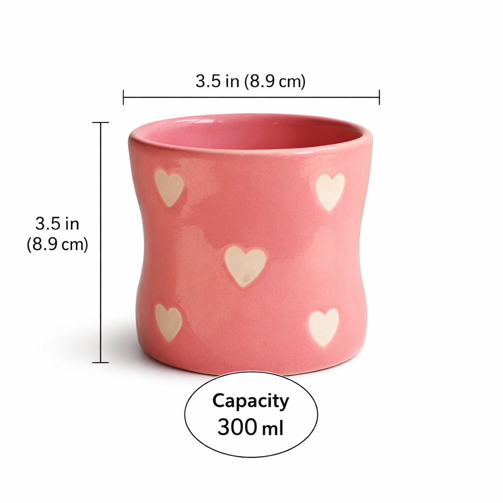 Glossy Pink Handmade Ceramic Coffee Tumbler with Hearts