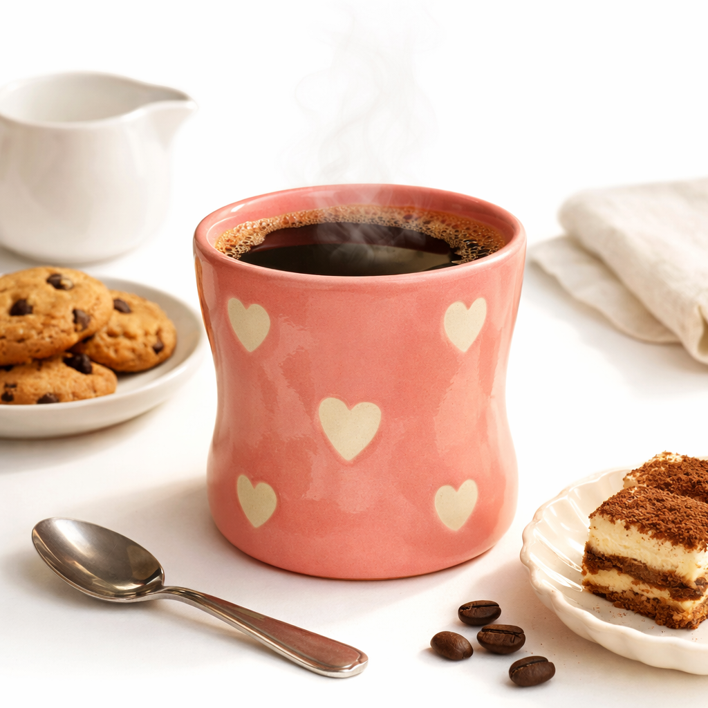 Glossy Pink Handmade Ceramic Coffee Tumbler with Hearts