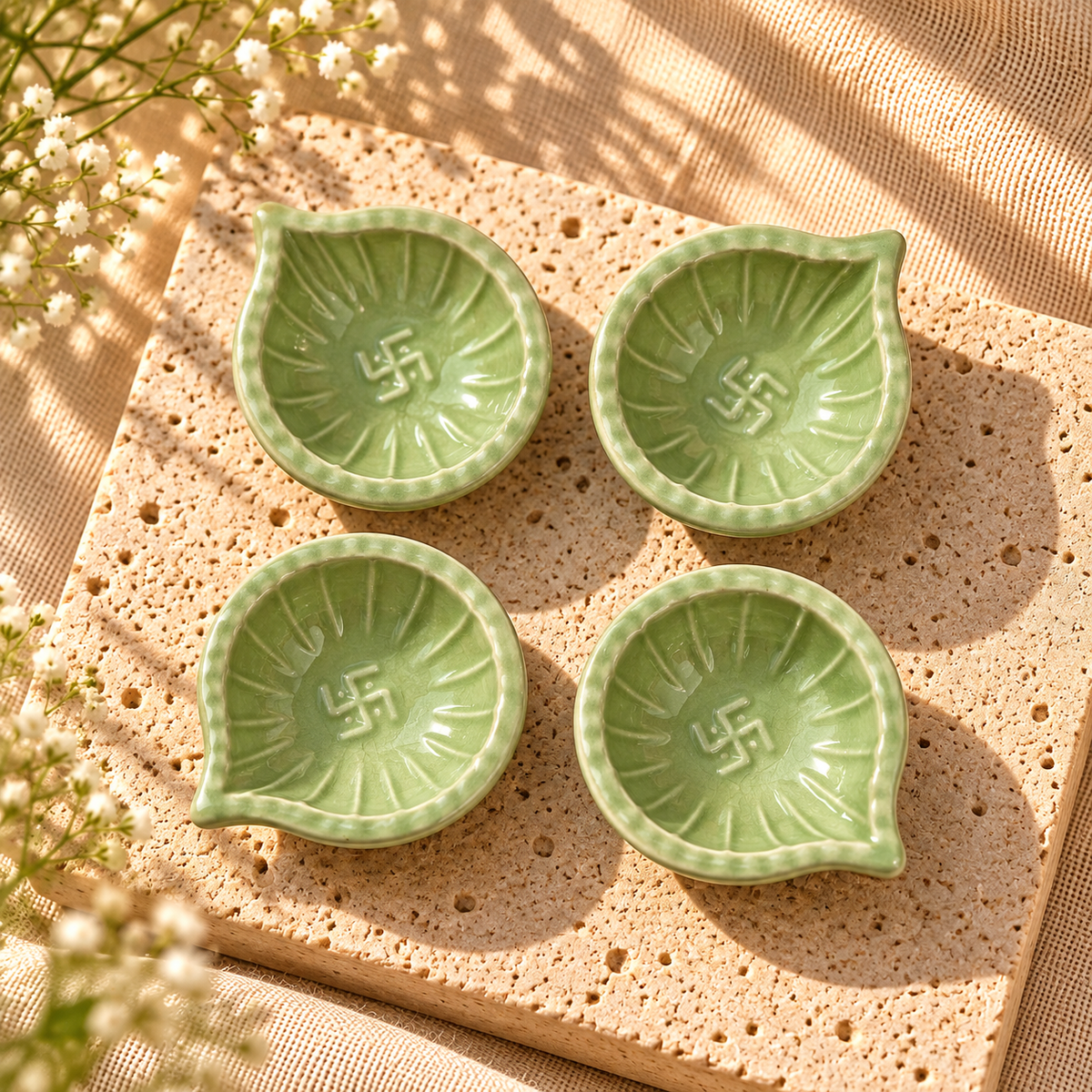 Green Swastik Clay Diyas - Set of 4