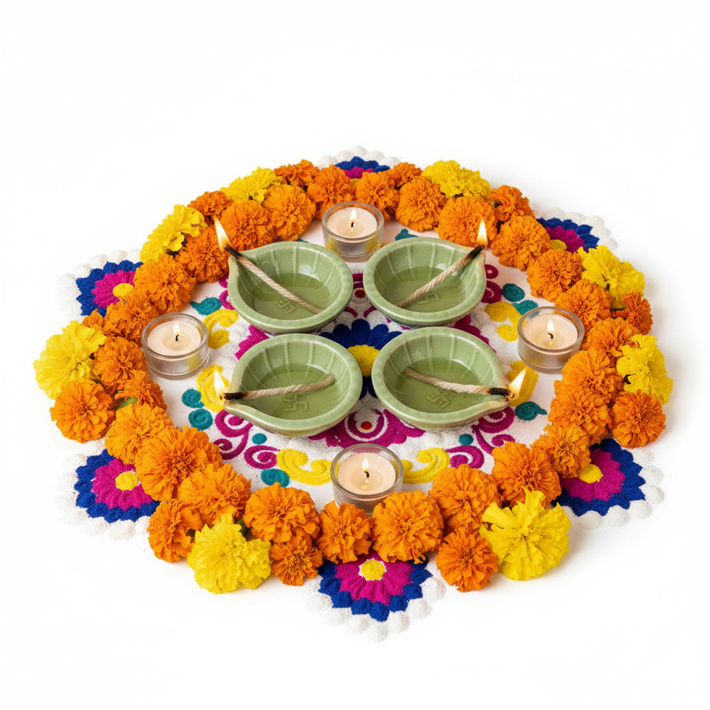 Green Swastik Clay Diyas - Set of 4