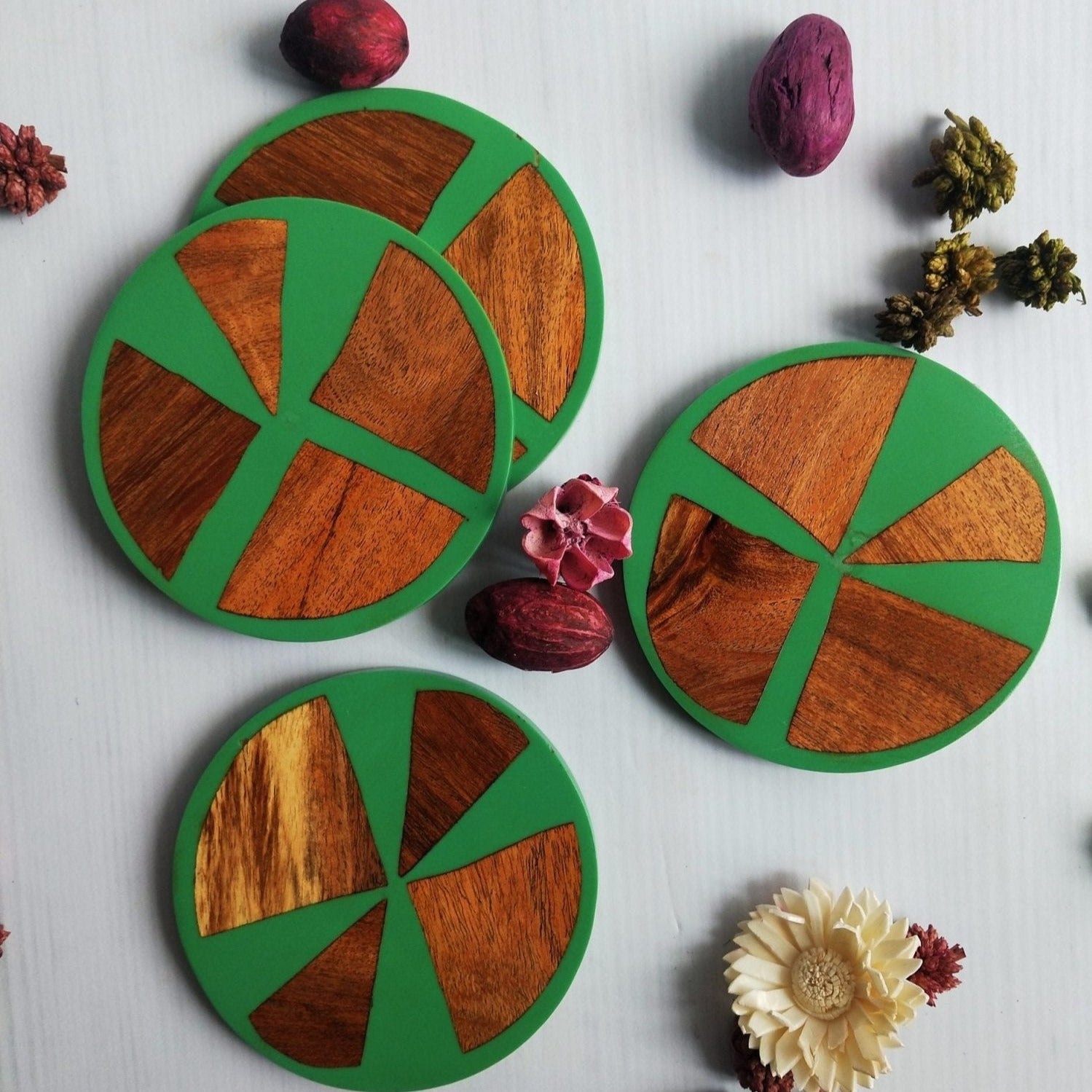 Green Wood & Resin Coasters Set of 4 - Stylish & Functional Home Decor - Nurture India
