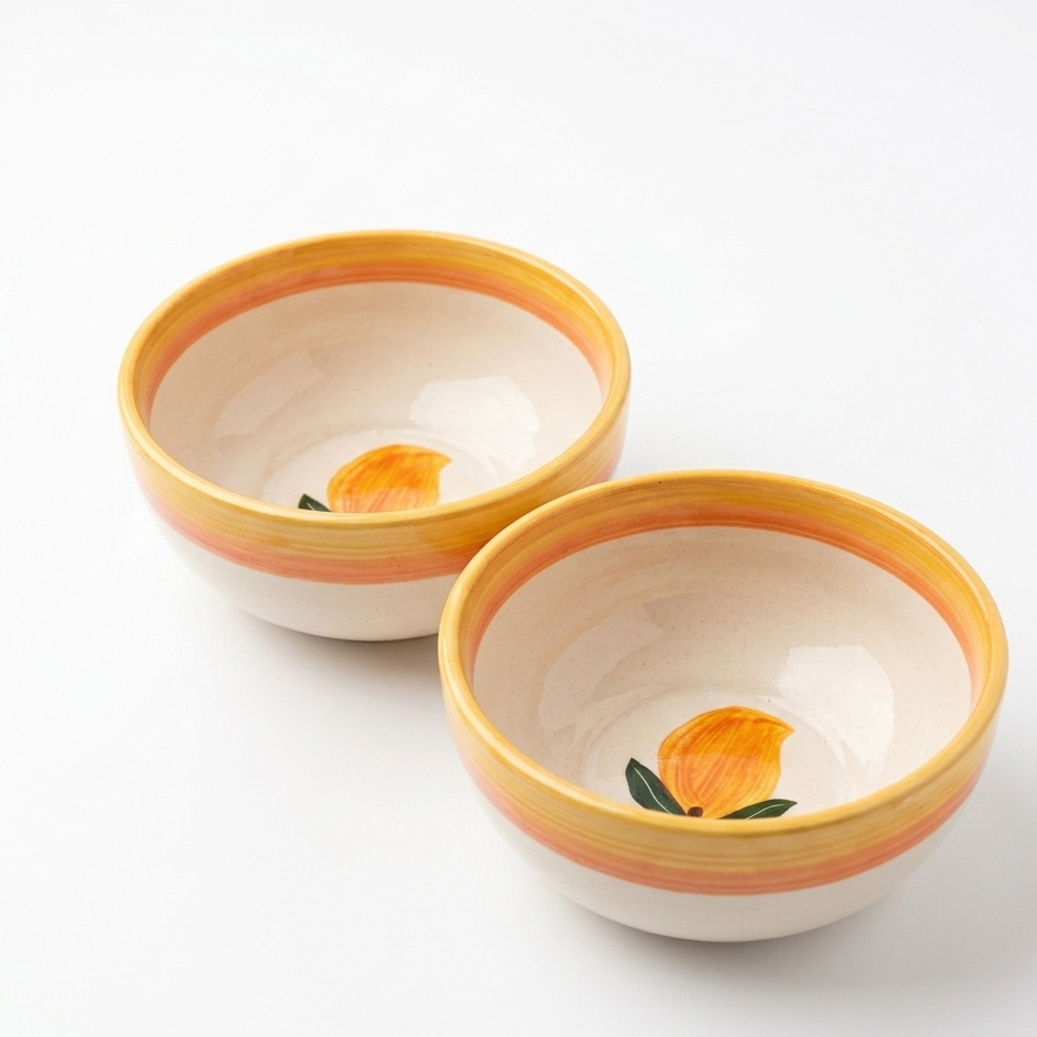 Two ceramic bowls with orange rims and floral design on a white background