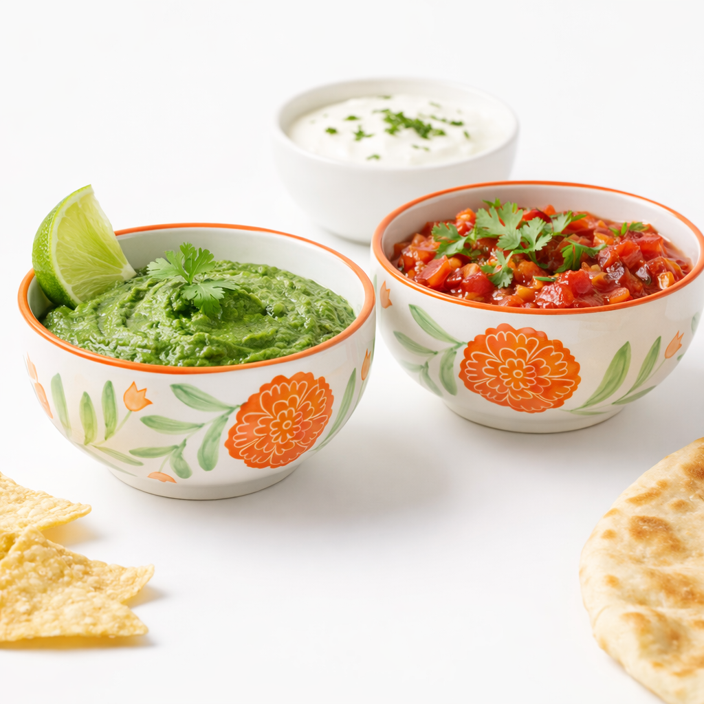 Three bowls of different dips with tortilla chips on a white background