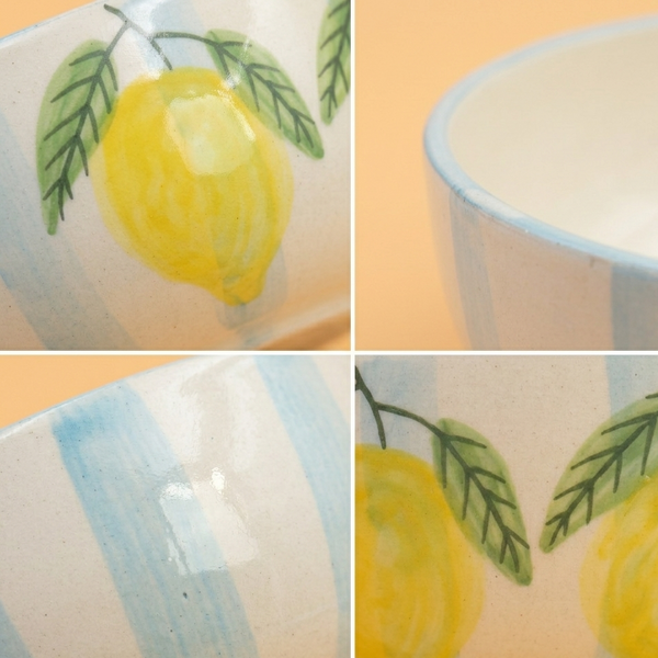 Lemon stripe handcrafted ceramic large bowl for serving salads, pasta and fruits