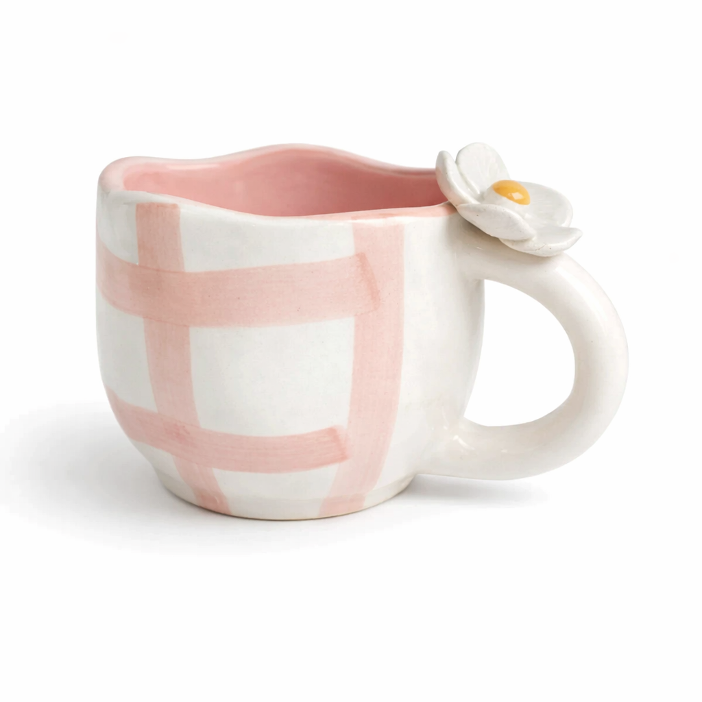 Handmade Pink Gingham Ceramic Mug with 3D Flower Handle (220 ml )