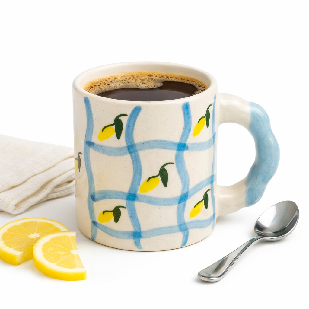 Lemon Grid Handpainted Ceramic Mug – Sky Blue Handle