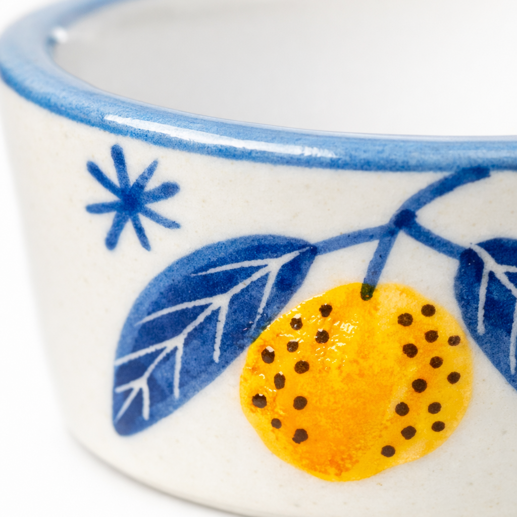 Ceramic bowl with blue floral design and yellow fruit on a white background