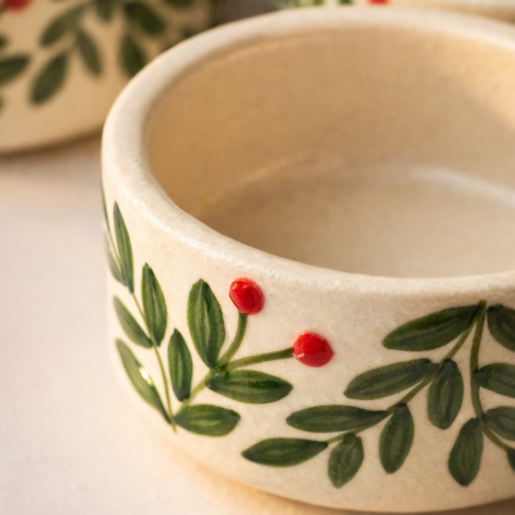 Ceramic bowls with festive design featuring green leaves and red berries on a light background.