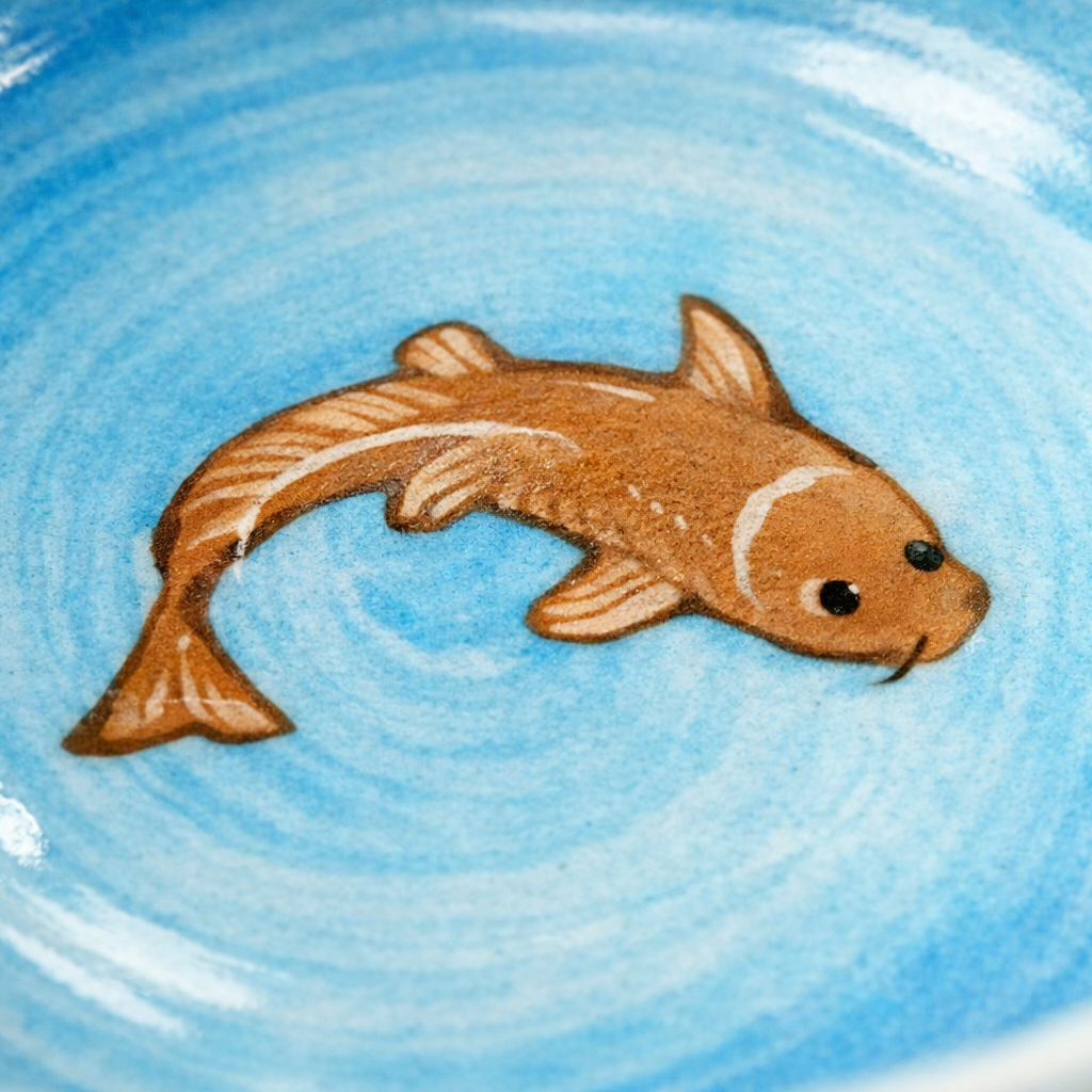 Brown fish illustration on a blue circular background
