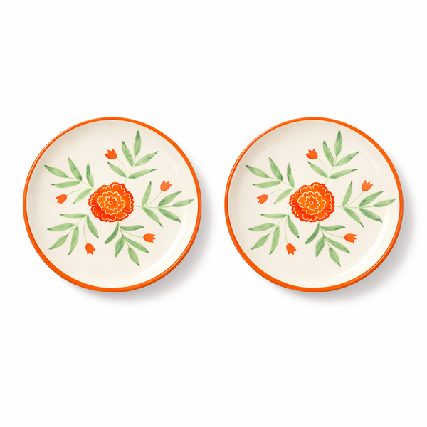 Two ceramic plates with floral designs on a white background