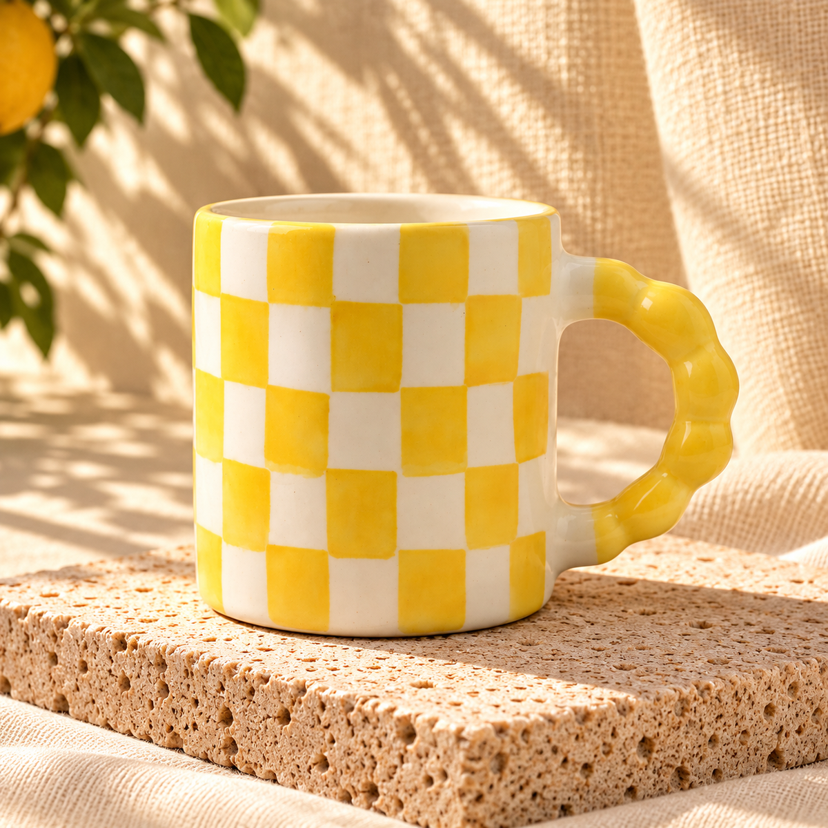 Ghingham Checkerboard Print- Yellow Mug