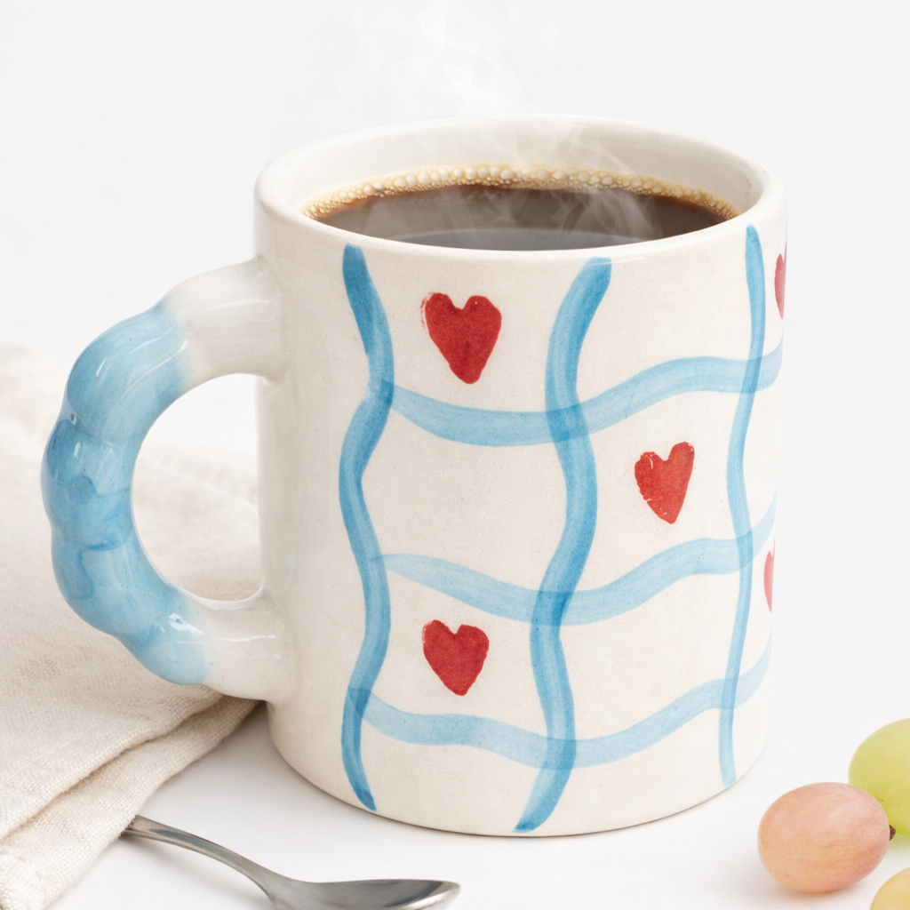 Heart Grid Handpainted Ceramic Mug – Sky Blue Handle
