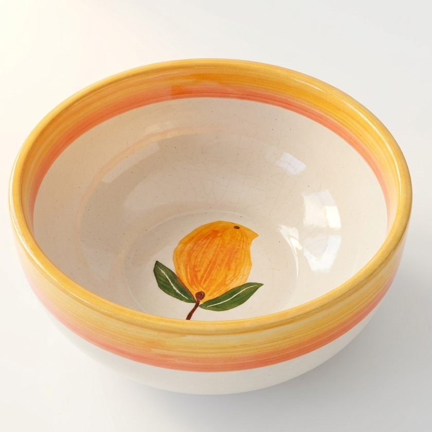 Ceramic bowl with a lemon design on a white background