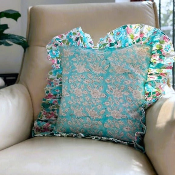 Ice Blue Floral Ruffle Cushion Cover 16x16 - Nurture India