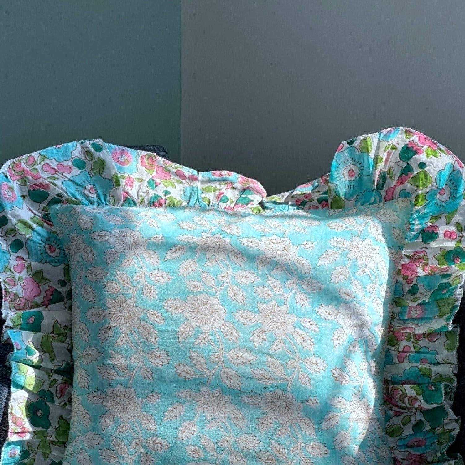 Ice Blue Floral Ruffle Cushion Cover 16x16 - Nurture India