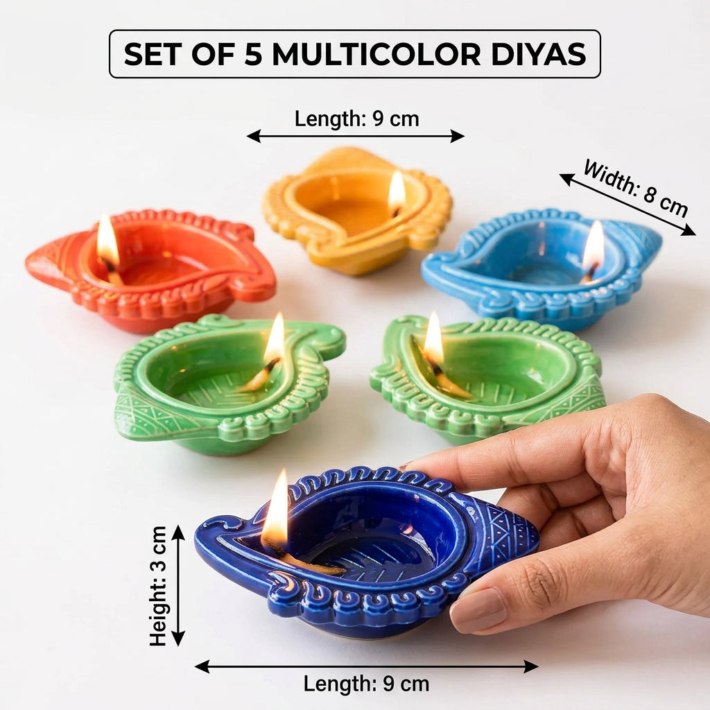 The Pottery Muse Embossed Keri Multicolor Ceramic Diyas (Set of 5)-Assorted Colors