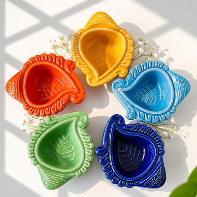 The Pottery Muse Embossed Keri Multicolor Ceramic Diyas (Set of 5)-Assorted Colors