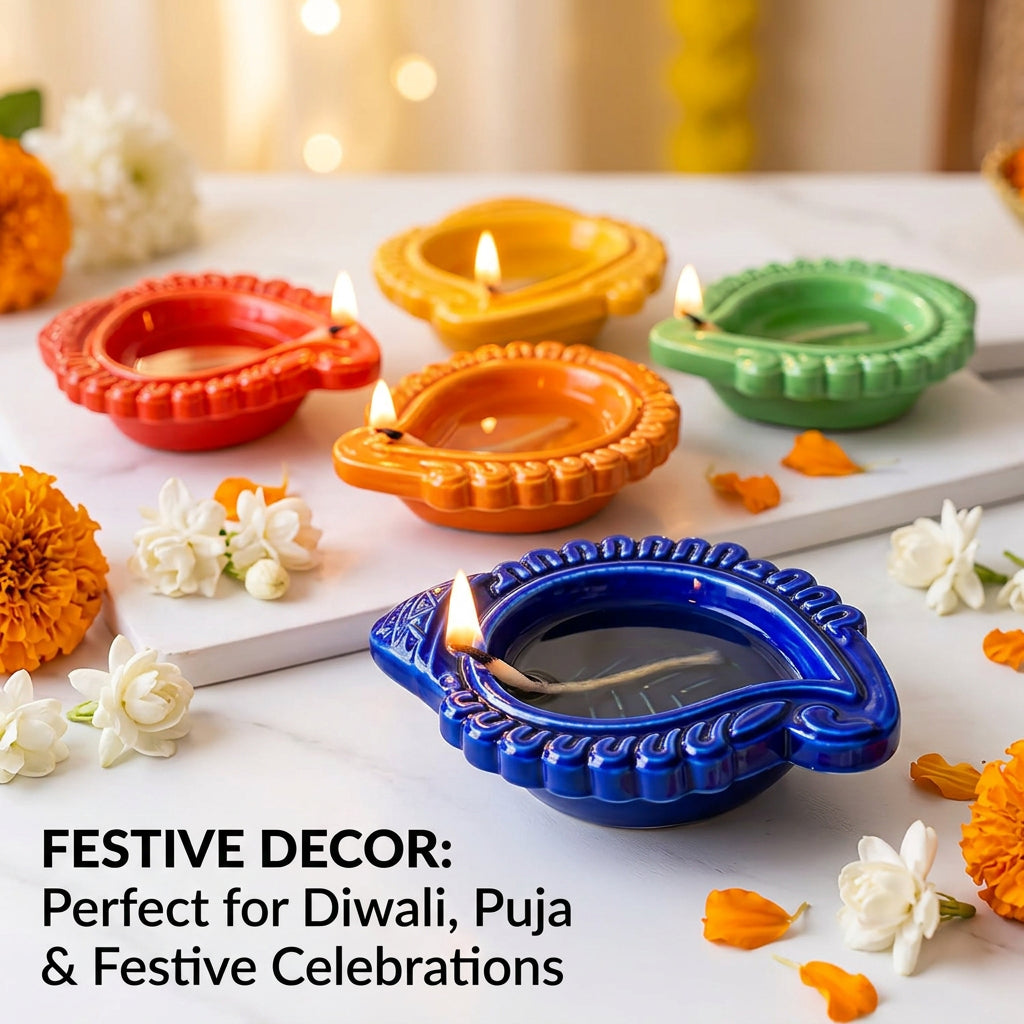 The Pottery Muse Embossed Keri Multicolor Ceramic Diyas (Set of 5)-Assorted Colors
