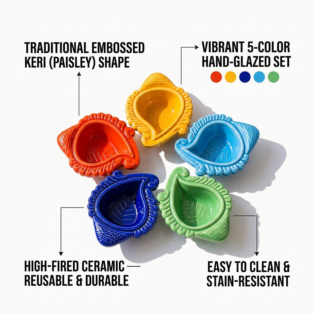 The Pottery Muse Embossed Keri Multicolor Ceramic Diyas (Set of 5)-Assorted Colors