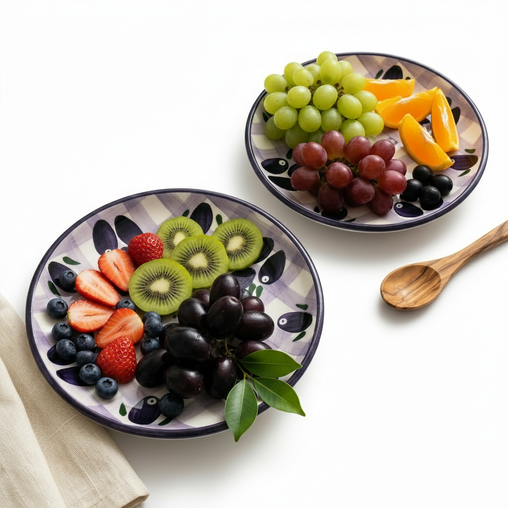 Two ceramic plates with olive designs, one with olives and the other with pastries and green olives, on a white background.