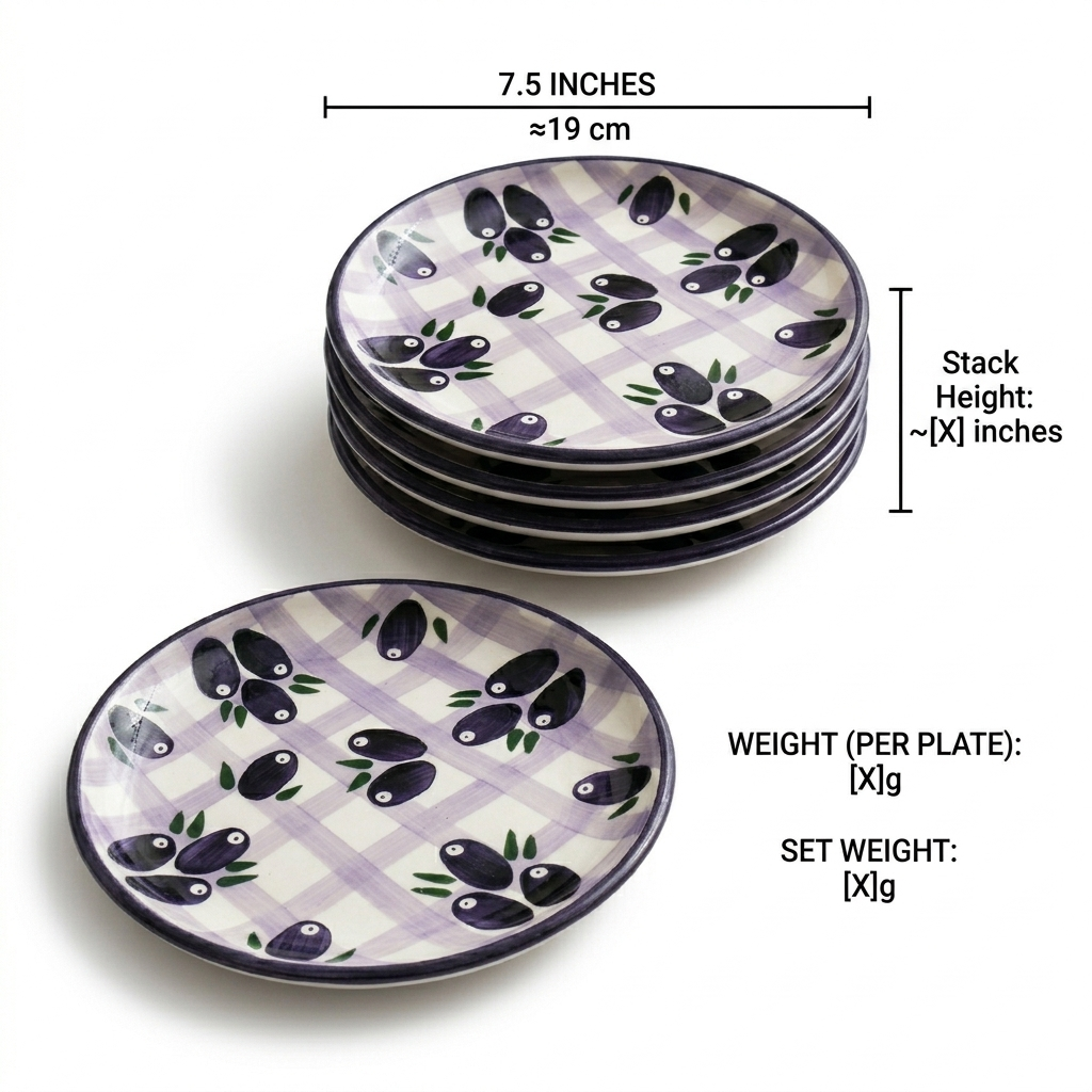 Set of ceramic plates with olive design and measurements on a white background