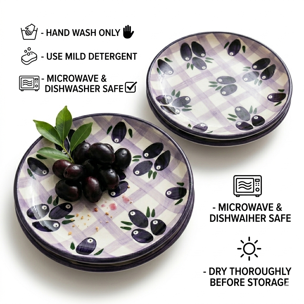 Two ceramic plates with olive design on a white background, featuring care instructions.