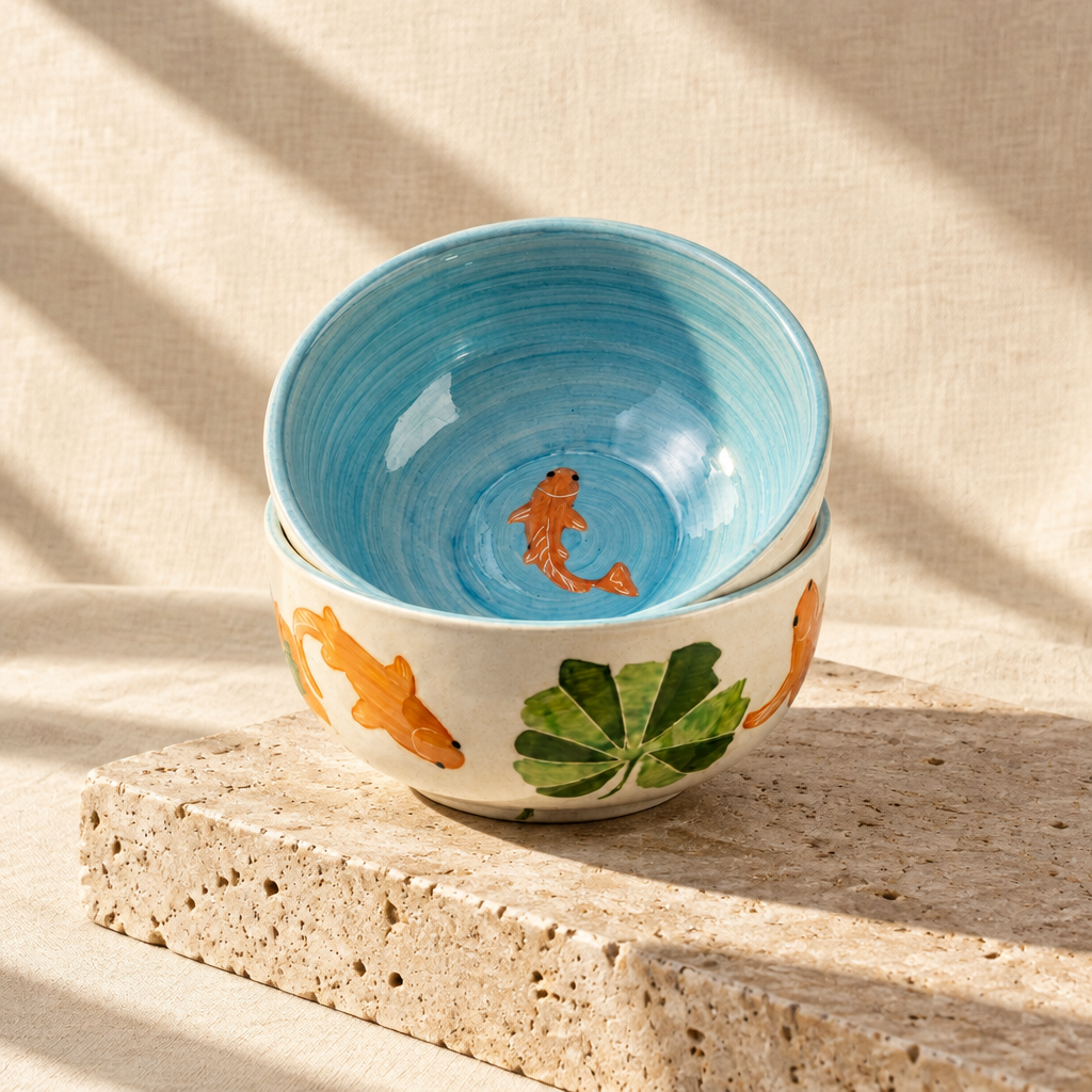 Two stacked ceramic bowls with a light blue interior and a cream exterior decorated with painted orange fish and green leaves, shown with wooden chopsticks, berries, and mint on a white background.