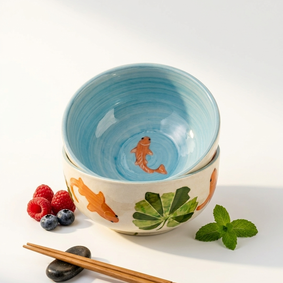 Two stacked ceramic bowls with a light blue interior and a cream exterior decorated with painted orange fish and green leaves, shown with wooden chopsticks, berries, and mint on a white background.