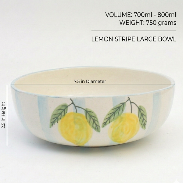 Large bowl with lemon stripe design and measurements on a white background