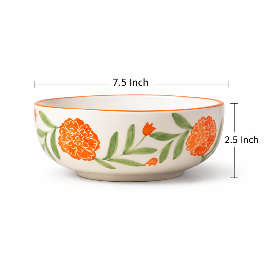 Ceramic bowl with floral design and measurements on a white background