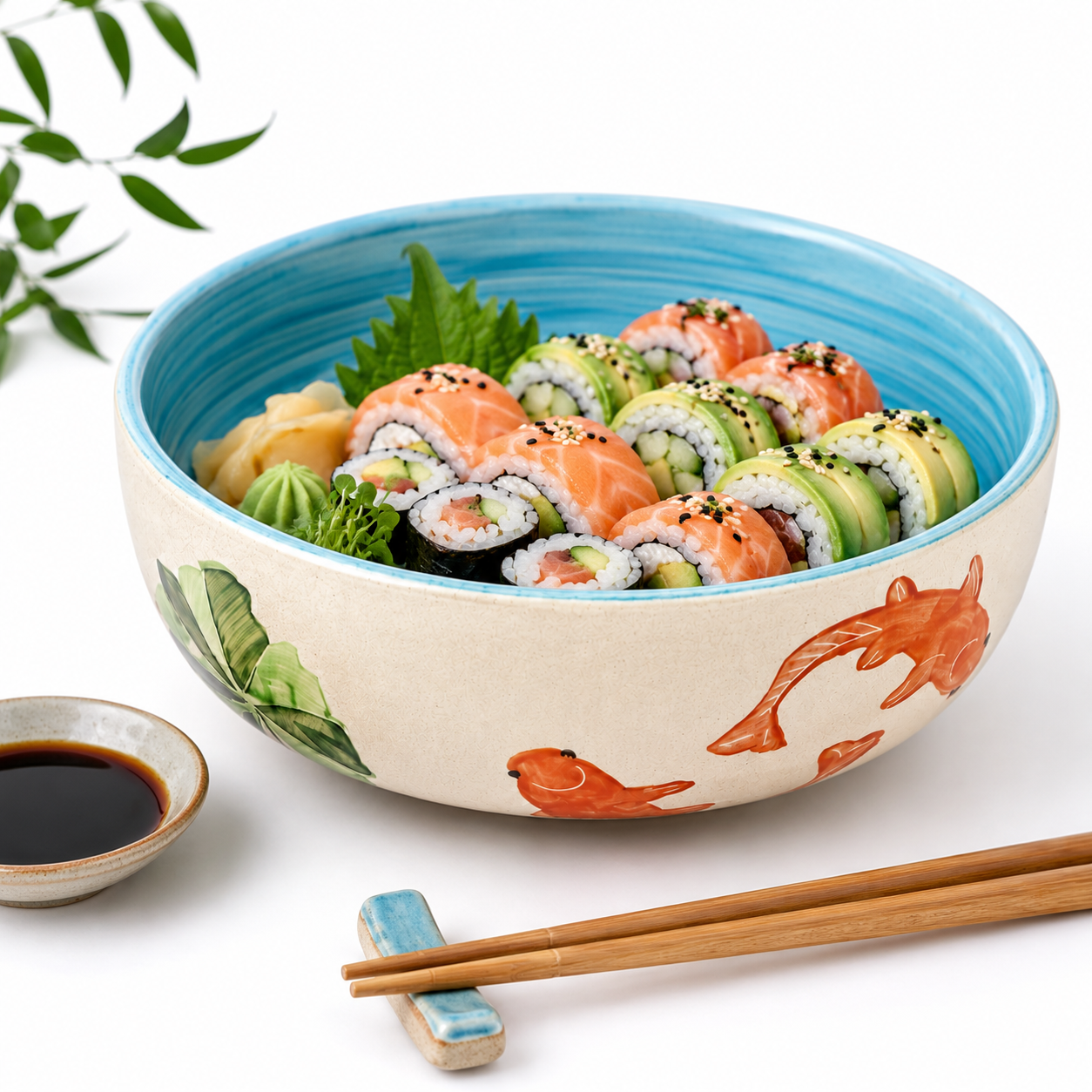 Sushi in a decorative bowl with koi fish design, accompanied by chopsticks and soy sauce.