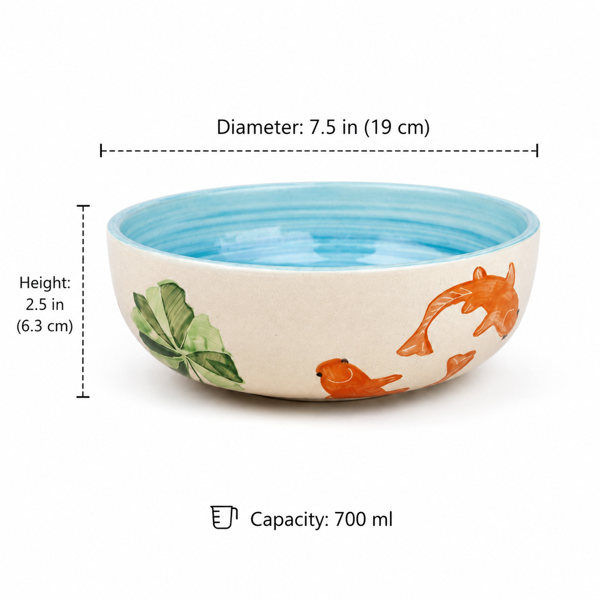 Ceramic bowl with fish design and measurements on a white background