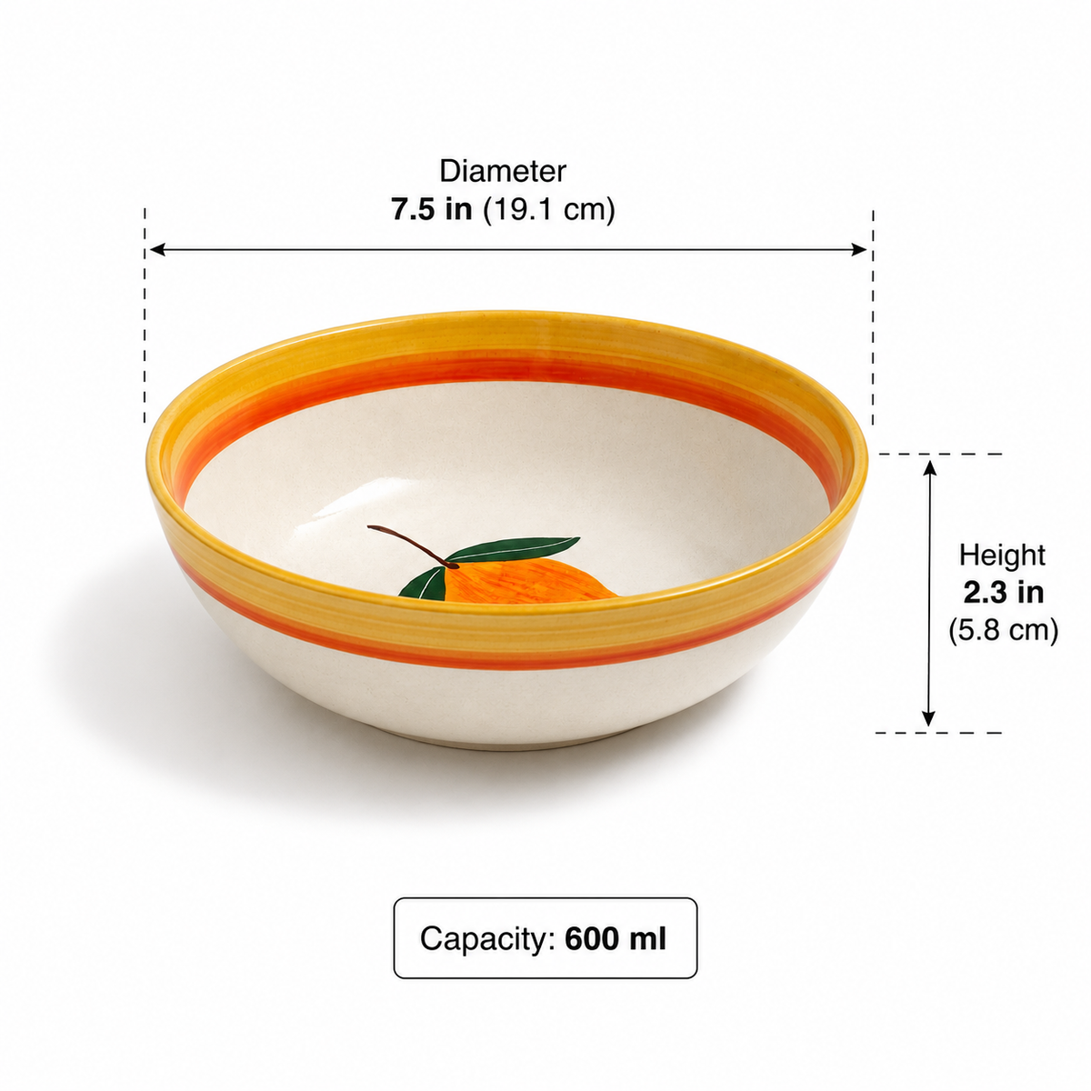 Ceramic bowl with orange design and measurements on a white background