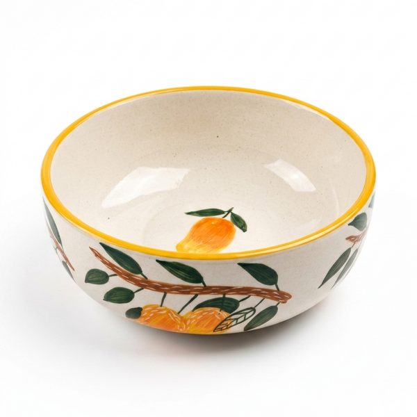 Ceramic bowl with lemon design on a white background