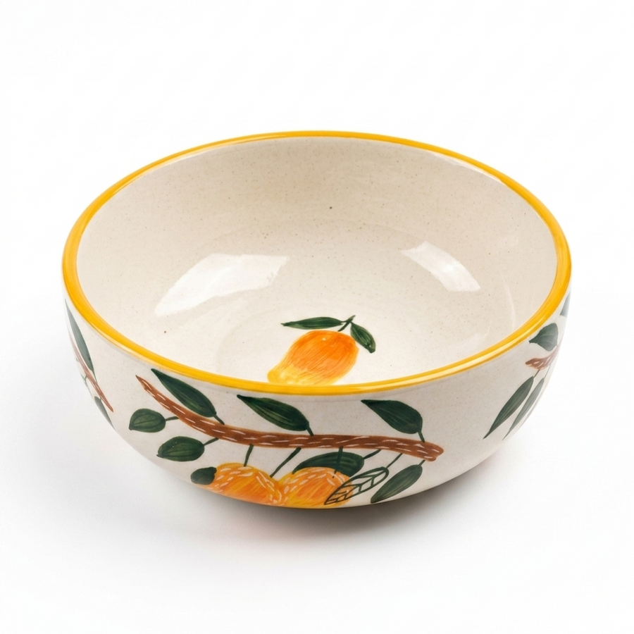Ceramic bowl with lemon design on a white background