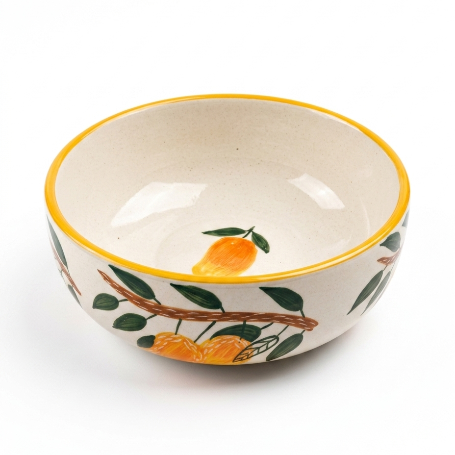 Ceramic bowl with lemon design on a white background