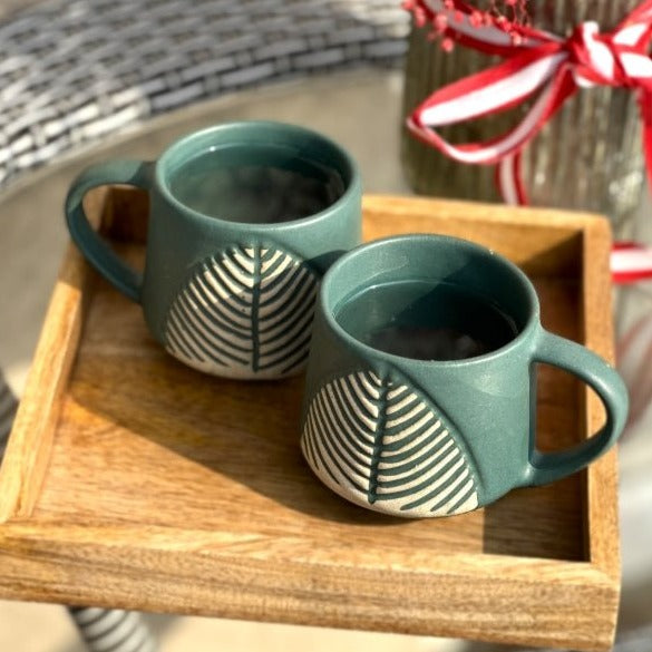 Leafy Green Coffee Cup Set of 2 with Wooden Tray - Nurture India