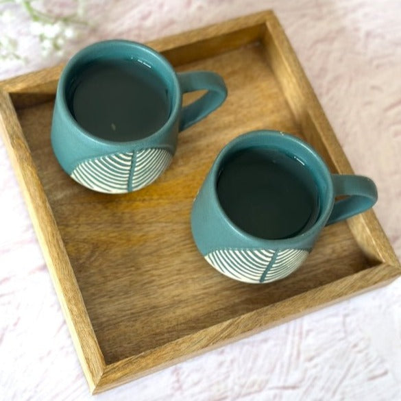 Leafy Green Coffee Cup Set of 2 with Wooden Tray - Nurture India