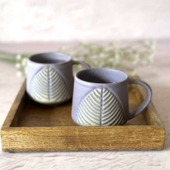 Leafy Lavender Coffee Cup Set of 2 with Wooden Tray - Nurture India