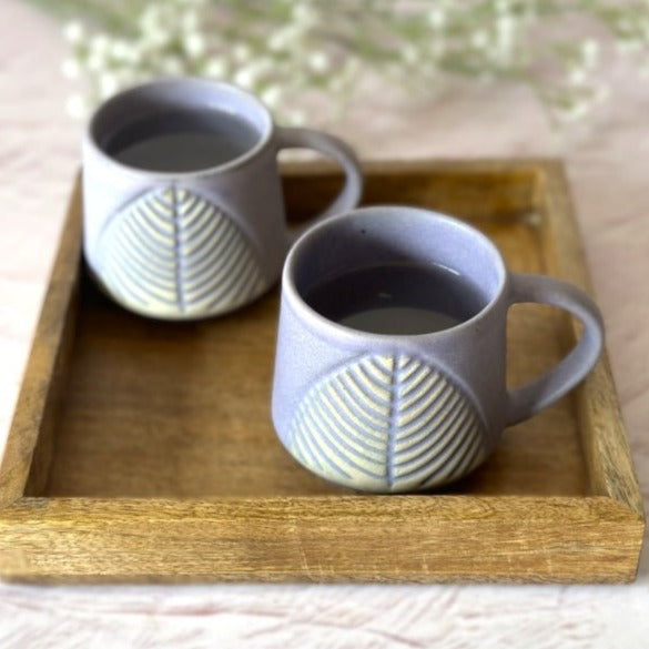 Leafy Lavender Coffee Cup Set of 2 with Wooden Tray - Nurture India