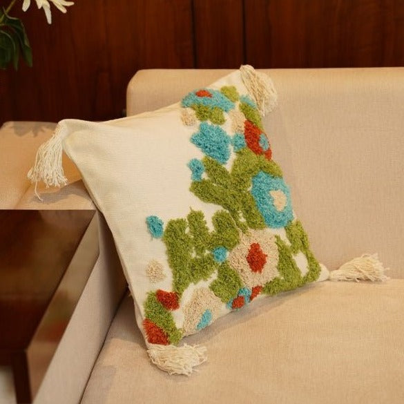 Leafy Oasis Botanical Cushion Cover with Tufted Design - Nurture India