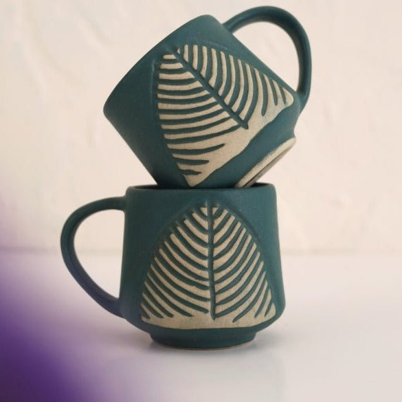Leafy Teal Green Ceramic Coffee Cup - 300ml Capacity - Nurture India