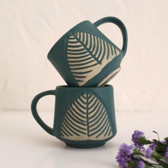 Leafy Teal Green Ceramic Coffee Cup - 300ml Capacity - Nurture India